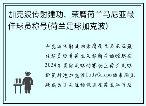 加克波传射建功，荣膺荷兰马尼亚最佳球员称号(荷兰足球加克波)